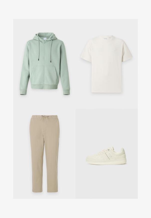 Felpa con zip verde chiaro realizzata in morbido tessuto, con zip frontale, cordini regolabili e due tasche laterali.; T-shirt bianca a maniche corte in texture a coste. Girocollo, vestibilità rilassata, senza modelli o accenti visibili. Design semplice e versatile.; Pantaloni da lounge beige con vita elastica e cordoncino, caratterizzati da un Design dritto e una texture morbida e liscia.; Sneaker color crema con dettagli perforati, lacci e logo sul lato, esposta su uno sfondo bianco semplice.