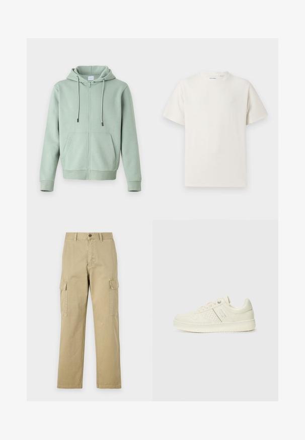 Hele roheline kapuutsiga sviiter, mis on valmistatud pehmest kangast, esitades eesluku, reguleeritavad paelad ja kaks küljetaskut.; Valge lühikeste varrukatega T-särk ribakudumises. Ümar kaelus, mugav lõige, nähtavad mustrid ega aksessuaarid puuduvad. Lihtne ja mitmekesine disain.; Beige cargos, mis on valmistatud puuvillast, sisaldavad kahte küljetaskut, nööbiga sulgemist ja sirgeid jalgu, millel on kergelt tekstureeritud kangas.; Koor valged tossud perforatsiooni detailide, nööpide ja külje logo ka, esitatud ühtlase valge tausta ees.