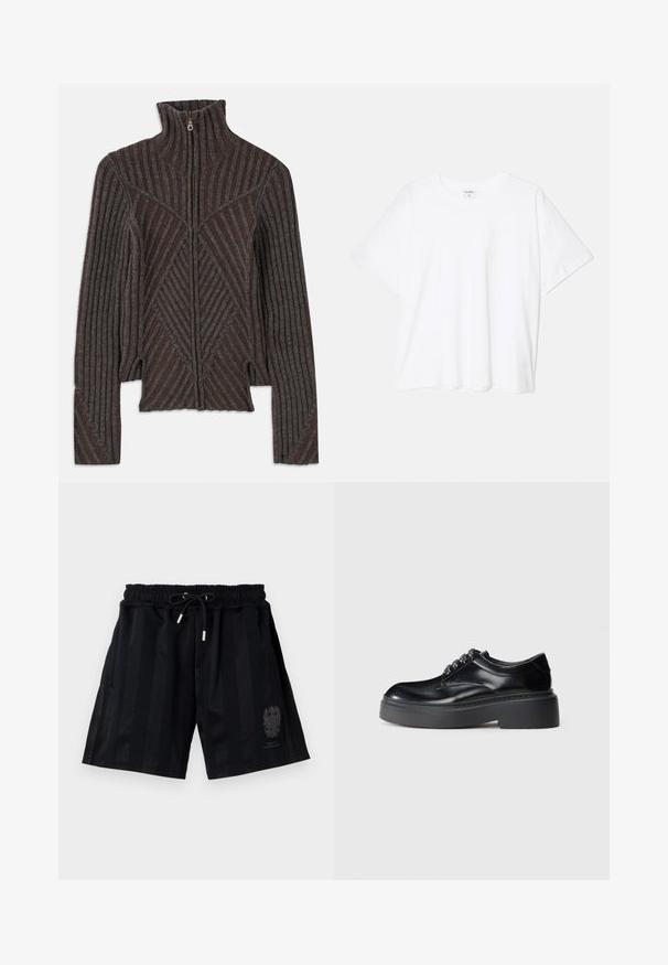 Tamsiai rudas megztinis su užtrauktuku, su pilkomis juostelėmis, turintis gubrišką tekstūrą ir aukštą apykaklę, siaurėjančią formą ir šonines skylutes.; Balta medvilnės marškinėliai trumpomis rankovėmis, apvalia iškirpte, laisvo kirpimo ir su siūtu kraštu. Etiketė matoma vidinėje iškirptės pusėje.; Juodi sportiniai šortai su elastingu juosmeniu ir raišteliu, su horizontaliosiomis juostelėmis ir subtiliu emblemų kairiajame šone.; Juodi odiniai batai su apvaliu pirštu, storiu platforminiu padu ir dekoratyviais raišteliais. Lygus paviršius ir kontrastinga siuvimo linija matomi.