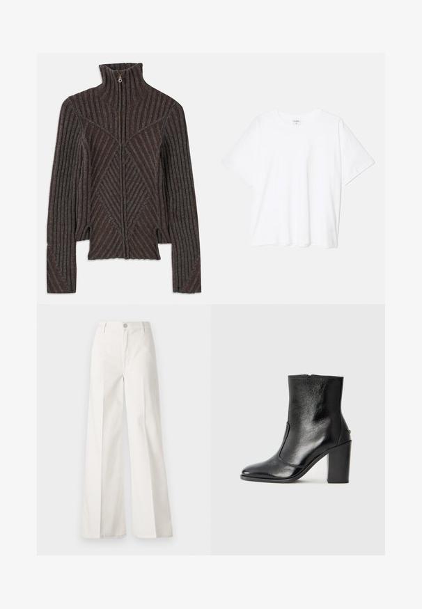 Austiņš adīts ar rāvējslēdzēju tumši brūnā krāsā ar pelēkām svītrām, piedāvā ribota tekstūra un augsta apkakle, sašaurināts dizains un sānu atveres.; Balta kokvilnas T-krekls ar īsām piedurknēm, apaļu dekoltē, brīva piegriezuma un šūtu apakšmalu. Etiķete redzama iekšējā kakla daļā.; Baltas platfita bikses, izgatavotas no kokvilnas ar gludu tekstūru. Aprīkotas ar priekšējo pogu, rāvējslēdzēju un četru kabatu dizainu.; Melnas ādas potīšu zābaki ar gludu tekstūru, smailu purngalu un masīlu augstu papēdi. Iekļauts sānu atvērums un minimālistisks dizains.