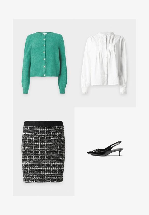 Žalias vilnonis kardiganas su apvaliu iškirpimu ir ilgomis rankovėmis. Su mygtukais priekyje ir gumbuotais rankogaliais bei apačia. Minkšta tekstūra.; Balta ilgomis rankovėmis bliuska su stovinčiu apykakliniu, vertikaliomis klostėmis priekyje, mygtukų užsegimu ir nėrinių apvadais ant rankovių.; Juodai-baltos langelių raštas sijonas su tekstūruotu audiniu, su juodu juosmeniu ir prigludusia siluetu.; Juodos odinės slingback aukštakulniai su smailiu nosiu, mažais katės kulnais ir dekoratyvine mazgo detale priekyje. Visas paviršius lygus.