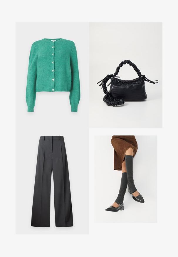 Cardigan verde in lana con scollo rotondo e maniche lunghe. Presenta bottoni sul davanti e polsini e orlo a costine. Texture morbida.; Camicia bianca con bottoni, realizzata in cotone liscio, dotata di un colletto classico, maniche lunghe e orlo curvo. I bottoni sono piccoli e bianchi.; Pantaloni a gamba larga in tessuto grigio scuro, con vita alta, pieghe singole e una texture liscia con una finitura pulita sui orli.; Scarpe nere in pelle verniciata con punta affilata, tacco a blocco e cinturino alla caviglia, abbinate a scaldamuscoli grigi a coste e una gonna in suede marrone.; Borsa a tracolla in ecopelle nera con texture a coccodrillo, apertura cinchata e tracolla arricciata. Si presenta con un design morbido e compatto.