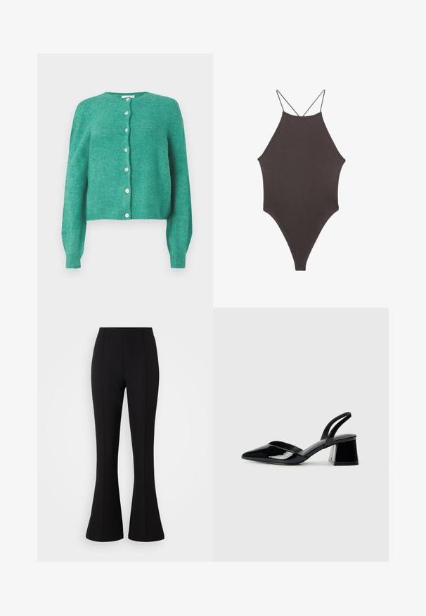 Zelený vlněný kardigan s kulatým výstřihem a dlouhými rukávy. Obsahuje knoflíky vpředu a žebrované manžety a lem. Měkká textura.; Hnedé, vysoký krk jednodielne plavky s tenkými, nastaviteľnými ramienkami; s vysokým strihom na nohách a hladkým povrchom. Bez vzorov alebo ozdôb.; Čierne zvonové nohavice vyrobené z elastického materiálu, s hladkou textúrou, vysokým pásom a švovými detailami vpredu.; Čierne lakované kožené sandálové podpätky s špicatou špičkou a geometrickým blokovým podpätkom. Disponujú elegantným, minimalistickým dizajnom a hladkým povrchom.