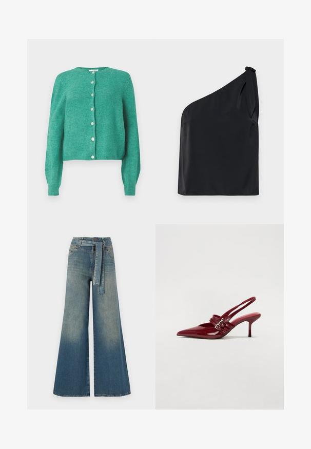 Zöld gyapjú kardigán kerek nyakkal és hosszú ujjakkal. Elöl gombokkal záródik, valamint bordázott mandzsettákkal és szegéllyel rendelkezik. Puha tapintású.; Fekete, egy vállra tervezett top sima anyagból, vállon megkötő részlettel és laza szabással. Minimalista dizájn letisztult vonalakkal.; Bőszárú farmernadrág, világos és sötétkék árnyalatokkal, magas derekú, övgyűrűkkel és a nadrággal megegyező anyagú övvel. Textúrált farmer kivitel.; Piros lakkbőr slingback sarokcipő, hegyes orral, két csatoló pánttal és vékony, közepes magasságú stiletto sarokkal. Simább textúrájú.