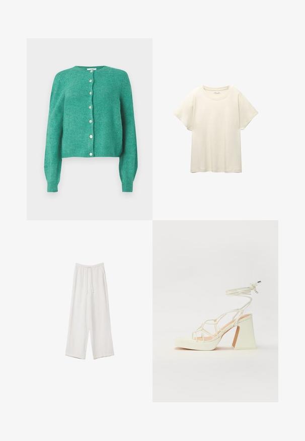 Grön ullkofta med rund halsringning och långa ärmar. Har knappar fram och ribbade manschetter och nederkant. Mjuk textur.; Ljus beige kortärmad t-shirt med rund halsringning, tillverkad av mjuk, slät tyg. Har en avslappnad passform och rak nederkant.; Vita vida byxor i vid passform gjorda av ett lättviktsmaterial. Har en elastisk midja med dragsko och sidofickor. Slät textur.; Vit högklackad sandal med en kraftig klack, med ett remdesign och ankelband. Slät textur med en plattform framtill för ökad höjd.
