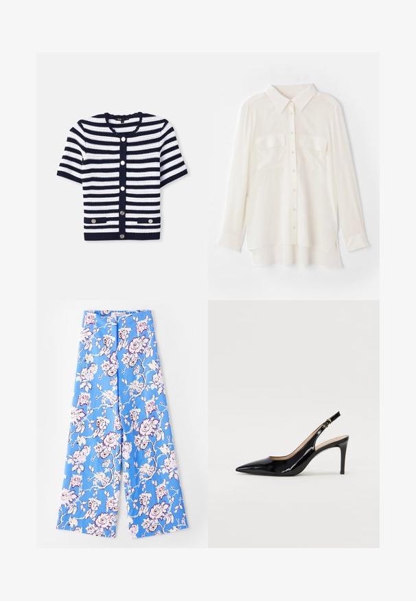 Dzianinowy kardigan w granatowo-białe poziome paski, okrągły dekolt, krótkie rękawy, zapięcie na pięć guzików, dwie przednie kieszenie z elementami metalowymi.; Biała koszula zapinana na guziki wykonana z lekkiego materiału. Posiada klasyczny kołnierzyk, dwie kieszenie na piersiach oraz nieco dłuższy tylny brzeg.; Niebieskie spodnie w kwiaty z pastelowym wzorem róż. Materiał jest gładki, z luźnym krojem, szerokimi nogawkami i elastycznym pasem.; Czarne lakierowane szpilki typu slingback z szpiczastym noskiem, smukłym obcasem i subtelnym wycięciem. Posiadają złotą klamrę na pasku.