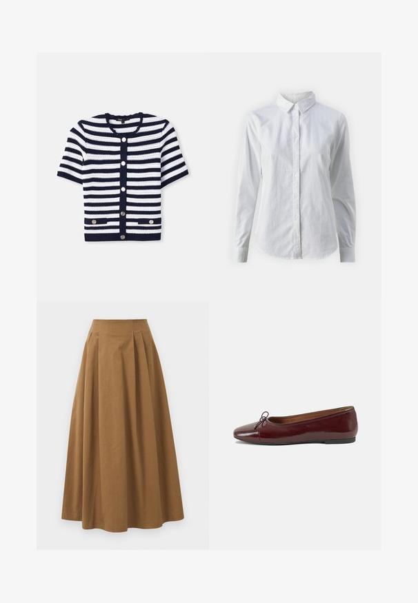 Cardigan lavorato a maglia, righe orizzontali blu navy e bianche, scollatura arrotondata, maniche corte, chiusura con cinque bottoni, due tasche frontali con dettagli in metallo.; Camicia bianca con bottoni, realizzata in cotone liscio, dotata di un colletto classico, maniche lunghe e orlo curvo. I bottoni sono piccoli e bianchi.; Gonna A-line in cotone marrone con vita alta, caratterizzata da pince sulla parte anteriore e una texture liscia. Le finiture dell'orlo sono pulite e semplici.; Ballerine in pelle verniciata bordeaux con punta arrotondata, piccolo fiocco decorativo sulla parte anteriore e suola bassa in gomma nera. Texture liscia.