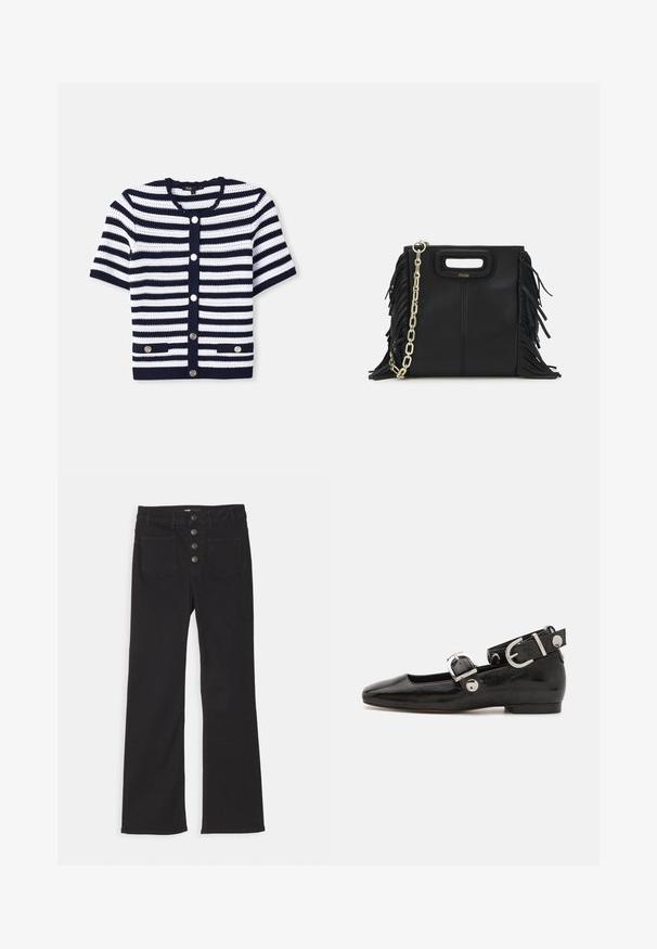 Gebreide cardigan, marineblauw en witte horizontale strepen, ronde halslijn, korte mouwen, sluiting met vijf knopen, twee voorzakken met hardware accentueringen.; Zwart gebreid poloshirt met een witte gegolfde kraag en afwerking, korte mouwen en een zes knoopsluiting. Gestructureerde stof.; Zwarte denim flared jeans met een hoge taille, vijf zakken en een sluiting met een voorkant met vier metalen knopen.; Zwarte gepatineerde leren platte schoen met een vierkante neus, enkelband met zilverkleurige hardware en platte zool. Gladde textuur met minimalistisch ontwerp.; Zwarte leren handtas met franjes, gouden schouderband van schakels en een uitsnijding in de handgreep. Heeft het logo prominent aan de voorkant.