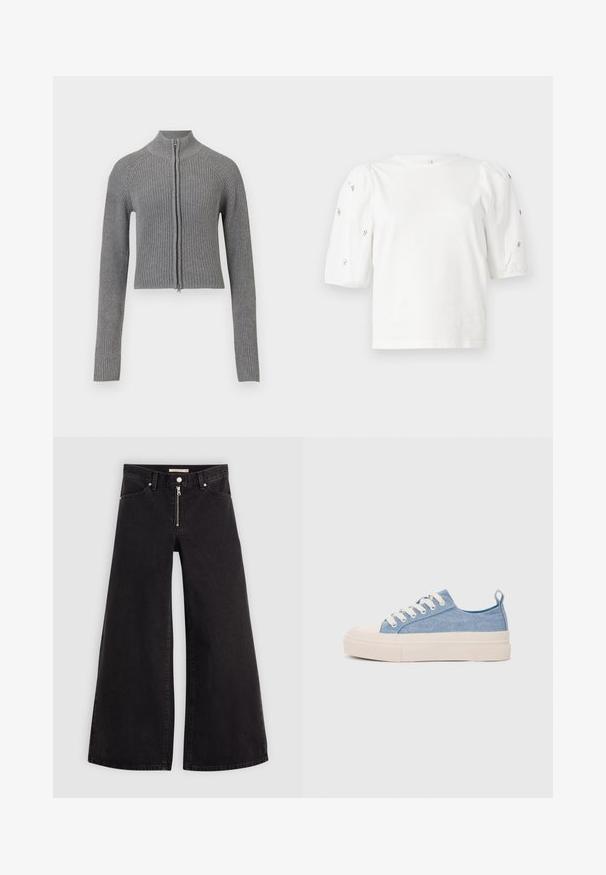 Szürke bordás kötött, cropped kardigán teljes elülső cipzárral és hosszú ujjakkal, fehér háttér előtt.; Fehér pamut póló rövid puffos ujjakkal, a ujjain kicsi ezüst díszítések találhatók. Klasszikus kerek nyakú, laza fazonú.; Fekete denim széles szárú farmer, cipzáros elejével, öt zsebes kialakítással és diszkrét varrással. Sima textúra és laza stílus.; Világoskék vászon sportcipők, krémszínű gumitippel és talppal, fehér fűzőkkel és egy húzófüllel a sarkán.