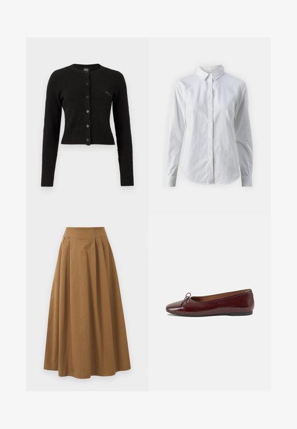 Cardigan preto cropped feito de tecido macio, com decote redondo, mangas longas, fecho de botão e punhos e barra canelados.; Camisa branca de botão feita de algodão suave, com colarinho clássico, mangas longas e bainha curva. Os botões são pequenos e brancos.; Saia A-line de algodão castanho com cintura alta, apresentando pregas na parte da frente e uma textura suave. As bordas da bainha são limpas e simples.; Bailarinas em couro sintético borgonha com bico redondo, pequeno laço na frente e sola baixa em borracha preta. Textura suave.