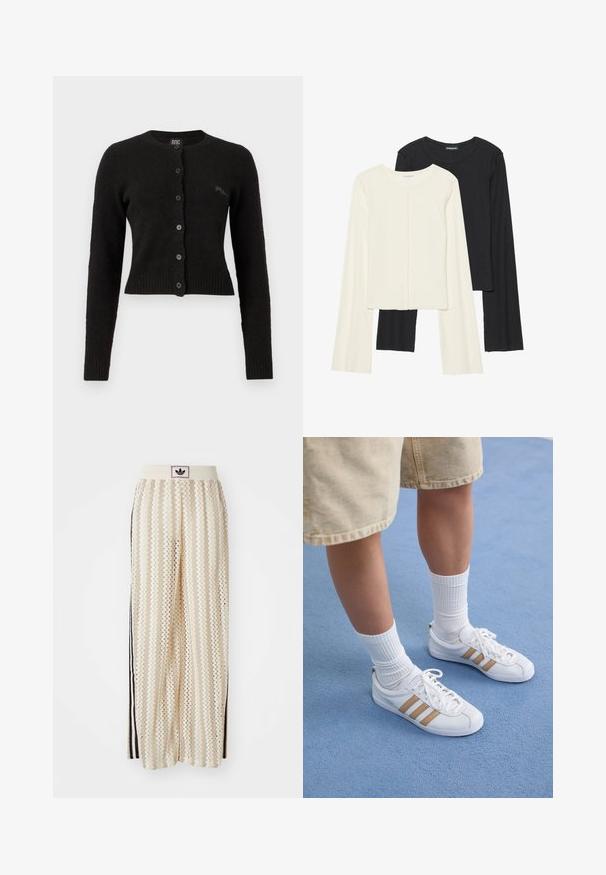 Cardigan preto cropped feito de tecido macio, com decote redondo, mangas longas, fecho de botão e punhos e barra canelados.; Conjunto de duas blusas de manga longa em branco e preto. Textura canelada, decote redondo, design ajustado com mangas ligeiramente evasê.; Calças largas de cor creme com um padrão em zigzag, apresentando uma cintura com logotipo preto e riscas laterais pretas. Tecido leve e texturizado.; Tênis brancos com três listras douradas, design de cadarços, sola de borracha, usados com meias brancas caneladas e calções bege sobre uma superfície azul.