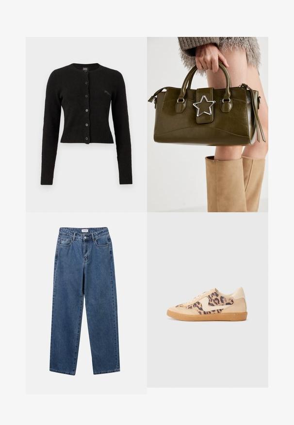 Czarny krótki kardigan wykonany z miękkiego materiału, z okrągłym dekoltem, długimi rękawami, zapięciem na guziki oraz ribbowymi mankietami i dołem.; Szara bawełniana koszulka z klasycznym okrągłym dekoltem, krótkimi rękawami i gładką fakturą, odpowiednia do codziennego noszenia.; Klasyczne niebieskie dżinsy o prostym kroju, pięć kieszeni i zapięcie na guzik. Charakteryzują się średnim odcieniem i solidną teksturą.; Sneakers w panterkowym wzorze, z beżową zamszową cholewką, brązową gumową podeszwą i białymi akcentami. Okrągły czubek i sznurowany fason z fakturowym wykończeniem.; Oliwkowa torebka z ekoskóry z srebrnym akcentem w kształcie gwiazdy, podwójnymi uchwytami i zapięciem na zamek. Teksturowana powierzchnia i wyraźnie zarysowany kształt.