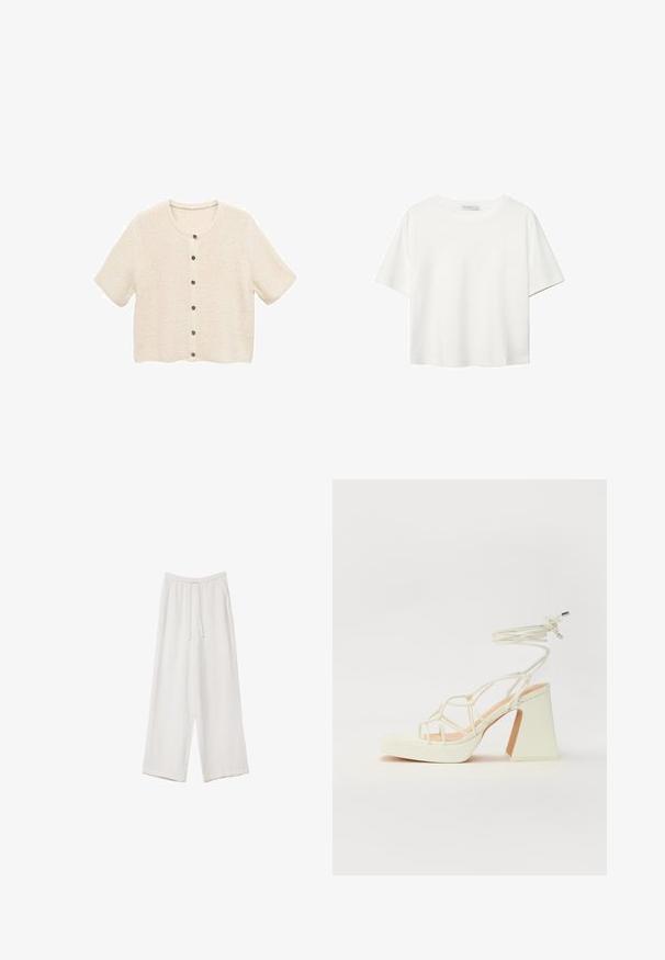 Cardigan a maniche corte di colore crema con un motivo a maglia testurizzato, caratterizzato da un collo rotondo e cinque bottoni sulla parte anteriore.; T-shirt bianco a maniche corte realizzato in cotone. Presenta un collo tondo e una vestibilità rilassata. Texture liscia senza motivi o dettagli visibili.; Pantaloni a gamba larga bianchi realizzati in un tessuto leggero. Presentano una vita elastica con cordoncino e tasche laterali. Texture liscia.; Sandalo bianco con tacco alto, caratterizzato da un design a cinturini e un legaccio alla caviglia. Texture liscia con una piattaforma frontale per un'altezza aggiuntiva.