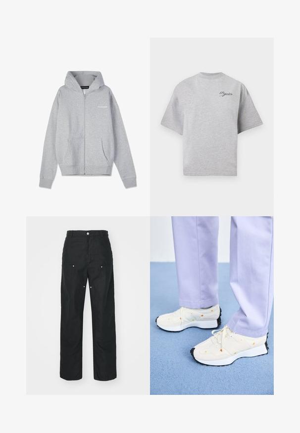 Sudadera con cremallera de color gris claro, con capucha regulable, bolsillos frontales, puños de canalé y un pequeño logo impreso en el lado izquierdo. Tejido de algodón suave.; Camiseta de gran tamaño en color gris, hecha de algodón, con cuello redondo, mangas cortas y un logotipo en azul marino en la parte superior izquierda.; Pantalones negros con un diseño de pierna recta, hechos de una tela texturizada. Presentan adornos de metal plateado decorativos y un diseño de costura único.; Zapatillas blancas con suelas negras y toques naranjas, combinadas con pantalones púrpura claro. Las zapatillas cuentan con una parte superior texturizada y cierre de cordones.