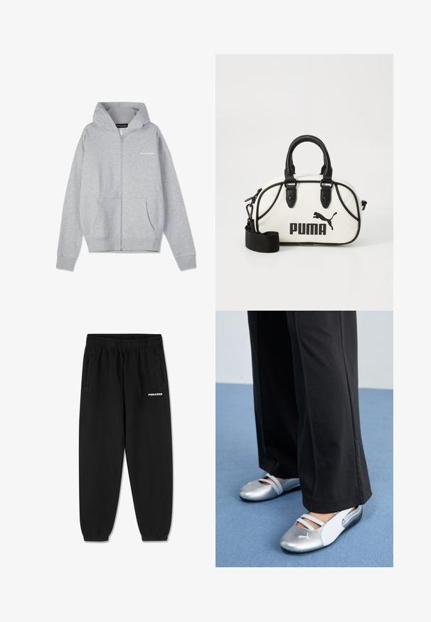 Sudadera con cremallera de color gris claro, con capucha regulable, bolsillos frontales, puños de canalé y un pequeño logo impreso en el lado izquierdo. Tejido de algodón suave.; Camiseta de algodón gris con mangas cortas, que presenta un cuello redondo y un pequeño logo blanco "PEGADOR" en el frente. Textura suave, ajuste relajado.; Pantalones de chándal negros hechos de un tejido suave, con una cintura ajustable con cordón, piernas estrechas y bolsillos laterales. Logo "PEGADOR" en blanco en la parte frontal.; Zapatos planos plateados y blancos con cintas cruzadas y detalles texturizados, complementados con pantalones negros holgados. Colocados sobre un suelo azul.; Bolso blanco con detalles en negro, con logo de Puma. Asa corta y redondeada y una correa desmontable, fabricado en material sintético texturizado.