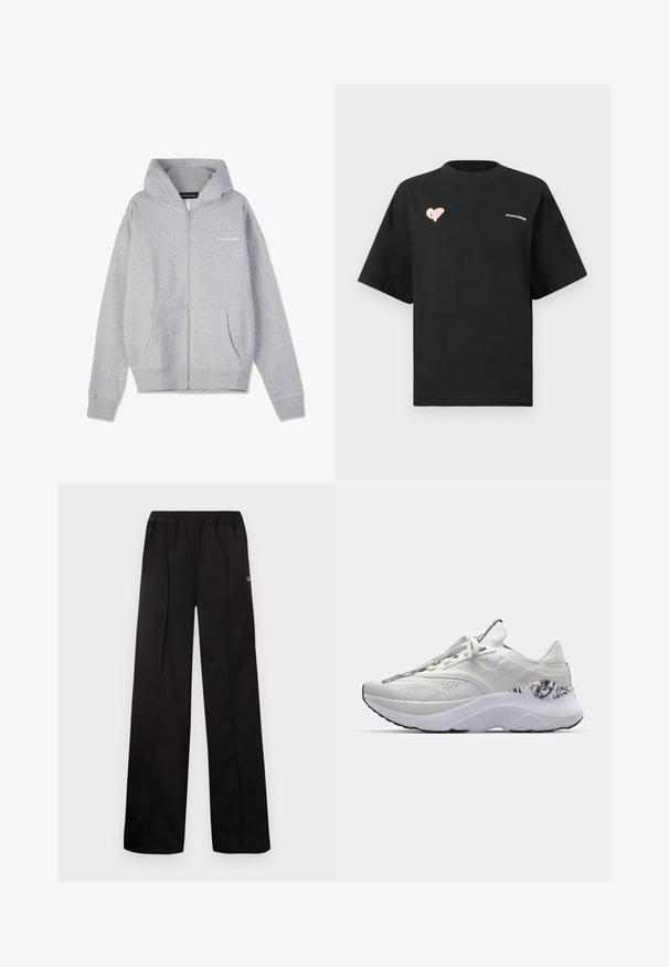 Sudadera con cremallera de color gris claro, con capucha regulable, bolsillos frontales, puños de canalé y un pequeño logo impreso en el lado izquierdo. Tejido de algodón suave.; Camiseta de algodón negra con mangas cortas, cuello redondo, que presenta un gráfico de un corazón rosa y el texto "PEGAADOR" en la parte delantera.; Pantalones negros de pierna ancha con cinturilla elástica. Fabricados en un material suave con un diseño minimalista, con un pequeño logo en un lado.; Zapatilla deportiva blanca con parte superior texturizada, punta redondeada y suela acolchada. Presenta un acento con patrón cerca del talón y cordones planos.