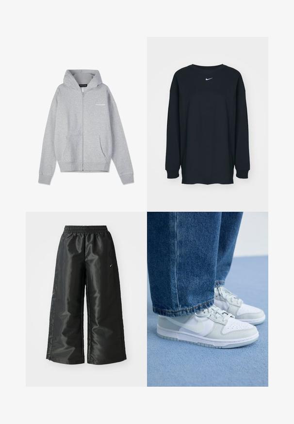 Svijetlosivi dukserica s patentnim zatvaračem, kapuljačom na vezanje, prednjim džepovima, rebrastim manžetama i malim tiskanim logotipom na lijevoj strani. Mekana pamučna tkanina.; Crna dugih rukava majica od pamuka s okruglim izrezom. Sadrži bijeli Nike logo na prsima. Mekana tekstura, jednostavan dizajn.; Crne sportske hlače od sjajnoga, glatkog materijala, s elastičnim pojasom, širokim nogavicama i malim logom na lijevoj strani.; Nike tenisice u bijeloj i svijetlo sivoj koži s perforiranim prstima, ravnom vezicom i gumenim đonom, uparenim s plavim trapericama.