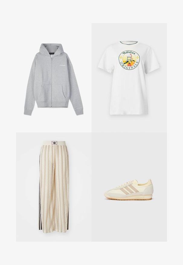 Světle šedá mikina na zip s kapucí na šňůrku, předními kapsami, žebrovanými manžetami a malým tištěným logem na levé straně. Měkká bavlněná tkanina.; Bílý bavlněný tričko s krátkým rukávem, se zaobleným grafickým logem v zelené a žluté barvě, které zobrazuje "Adidas Originals" a designy ovoce.; Krémové široké kalhoty s cikcak vzorem, s černým logem na pásu a černými pruhy po stranách. Lehčí, texturovaná tkanina.; Krémové sportovní tenisky s třemi béžovými pruhy, z velurové a textilní materiály, s texturovanou podrážkou a embosovaným logem na patě.