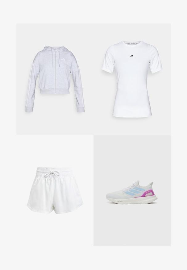 Γκρι κοντό φούτερ με φερμουάρ, κατασκευασμένο από μαλακό ύφασμα. Διαθέτει λευκό logo στο στήθος και λευκές ρίγες κατά μήκος των μανικιών.; Λευκό αθλητικό μπλουζάκι με κοντά μανίκια, φτιαγμένο από λείο, ελαστικό ύφασμα. Διαθέτει το μικρό μαύρο λογότυπο της Adidas στο στήθος.; Λευκές αθλητικές βερμούδες με ελαστική μέση και ρυθμιζόμενο κορδόνι. Κατασκευασμένες από ελαφρύ υλικό, διαθέτουν πλευρικές τσέπες και άνετη εφαρμογή.; adidas Performance PUREBOOST 5 - Παπούτσια για τρέξιμο σε δρόμο - white/glow blue/purple burst
