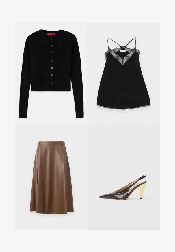 Svart kort cardigan med lange ermer, som har rund hals, svarte blomster-applikasjoner og knappelukking. Glatt tekstur, ribbestrikkede mansjetter.; Svart camiset med justerbare stropper, med en dyp utringning i blonde og bølgede kanter. Glatt stoff med en lett glans.; Brun lær A-linje skjørt med en glatt tekstur og midilengde hem. Har en tettsittende linning og en lett utvidelse fra hoftene.; Spenne-punktet hæl i mørkebrun, blank faux krokodillelær. Har en gullfarge geometrisk hæl og justerbar ankelstropp.