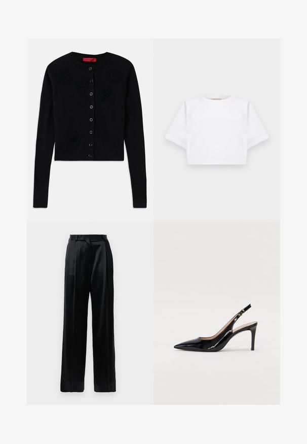 Crni skraćeni kardigan s dugim rukavima, s okruglim izrezom, crnim cvjetnim aplikacijama i kopčanjem na gumbe. Glatka tekstura, rebrasti rubovi rukava.; Skraćena bijela majica od mekog materijala, s kratkim rukavima, okruglim izrezom i rebrastim detaljima na rubu. Jednostavan i neukrašen dizajn.; Crne satenske hlače visokog struka s ravnim širokim nogavicama, petljama za remen i ravnim prednjim zatvorenjem na jednostavnoj bijeloj pozadini.; Crne lakirane slingback cipele s oštrim vrhom, uskim potpeticama i suptilnim izrezom. Sadrže zlatnu kopču na traku.