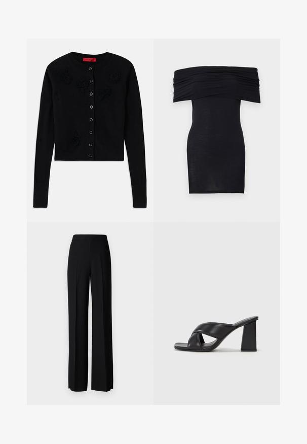 Cardigan scurt negru cu mâneci lungi, având un decolteu rotund, aplicații florale negre și închidere cu nasturi. Textură netedă, manșete striate.; Rochie neagră, cu umerii goi, cu detalii strânse la bust, croială bodycon și o textură netedă, ușoară a țesăturii.; Pantaloni negri cu picioare largi, cu o textură netedă, având o talie înaltă și pliseuri centrale. Fără modele vizibile sau detalii de hardware.; MAX&Co. SOHO - Sandale cu toc - schwarz