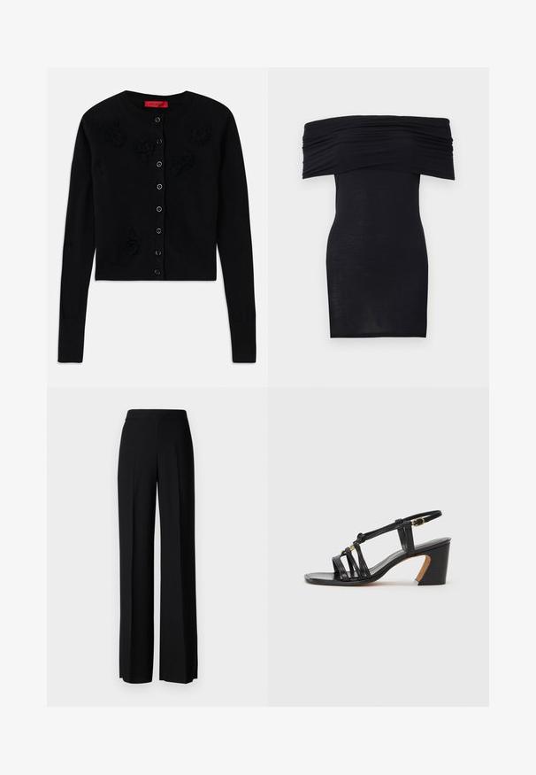 Zwarte cropped cardigan met lange mouwen, voorzien van een ronde halslijn, zwarte bloemenapplicaties en een knoopsluiting. Gladde textuur en geribbelde boorden.; Zwarte off-shoulder jurk met gerimpelde details bij de buste, bodycon pasvorm en een gladde, lichtgewicht stoftextuur.; Zwarte wijde broek met een gladde textuur, voorzien van een hoge tailleband en middelste plooien. Geen zichtbare patronen of hardware-details.; Paul Smith AMIRA - Klassieke pumps - black