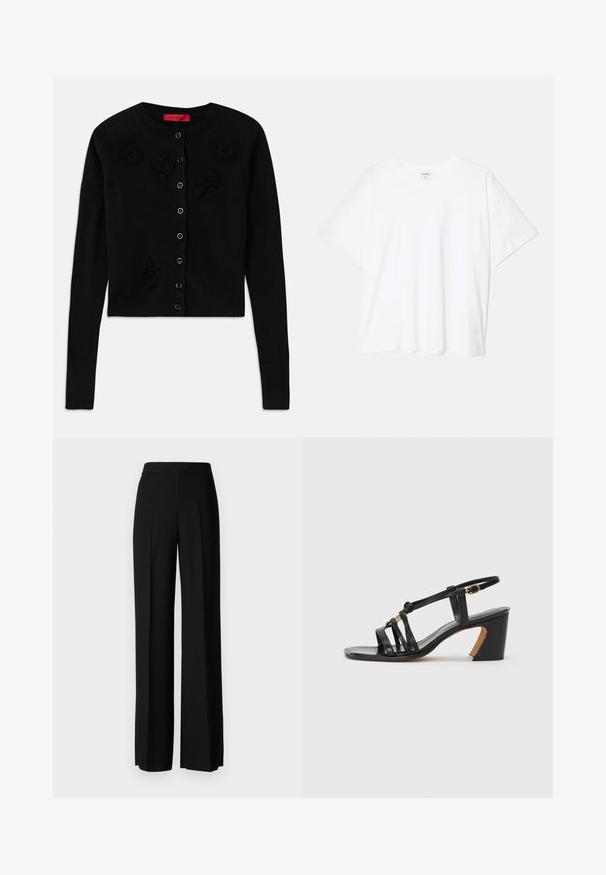 Black cropped cardigan with long sleeves, featuring a round neckline, black flower appliqués, and button closure. Smooth texture, ribbed cuffs.; White cotton t-shirt with short sleeves, round neckline, relaxed fit, and stitched hem. Label visible on the inside neck.; Black wide-leg trousers with a smooth texture, featuring a high waistband and center pleats. No visible patterns or hardware details.; Paul Smith AMIRA - Classic heels - black