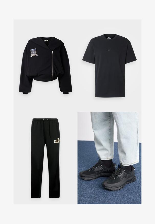 Schwarzer, gekürzter Hoodie mit großer Kapuze, Frontreißverschluss und einem gestickten Wappen mit "GmbH" und "Love & Justice." Weicher Stoff.; Schwarzes Baumwoll-T-Shirt von Nike mit klassischem Rundhalsausschnitt, kurzen Ärmeln und einem dezenten, geprägten Logo auf der Brust. Glatte Textur.; Schwarze Jogginghose aus weichem Stoff, mit elastischem Bund und Kordelzug, schmal zulaufenden Beinen und einem gold bestickten "nike"-Logo.; Schwarze Sportschuhe aus strukturiertem Stoff mit Gummisohlen, ausgestattet mit elastischen Schnürsenkeln und einem blauen Akzent an der Ferse. Getragen mit hellen Jeans.