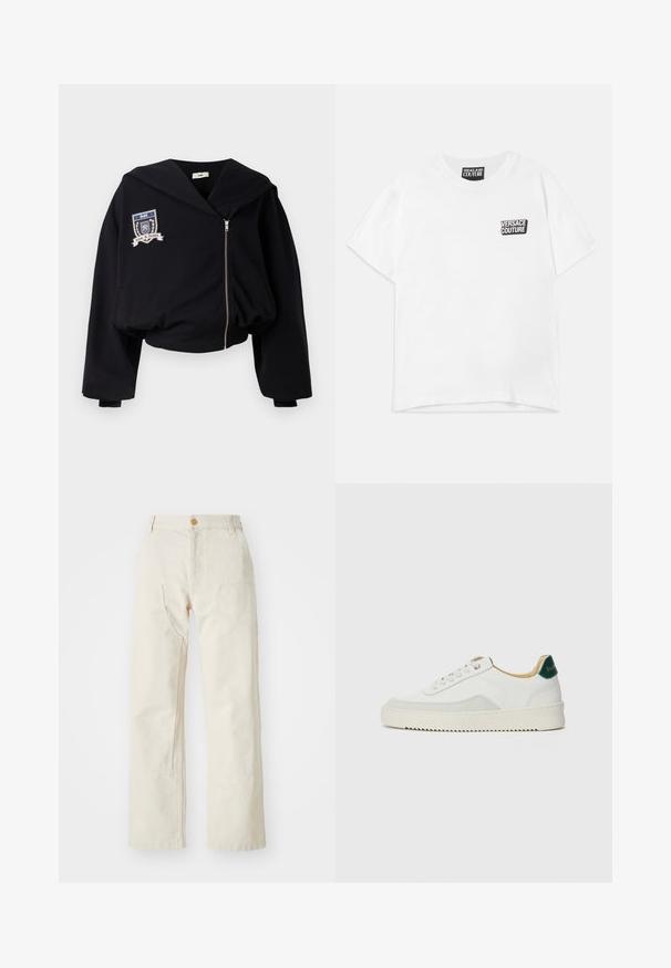 Zwarte cropped hoodie met een grote capuchon, frontale rits en een geborduurd embleem met "GmbH" en "Love & Justice." Zachte stoftextuur.; Witte T-shirt met korte mouwen en ronde hals, met een klein zwart-wit "Versace Jeans Couture" logo op de linkerborst en een label in de nek.; Beige wijde broek van katoen, met een knoopsluiting, twee zijzakken en een rechte snit, met een gladde textuur.; Witte sneaker met suède accenten, ronde neus, platte veters en een crème rubberen zool. Bevat groene branding op de hiel.