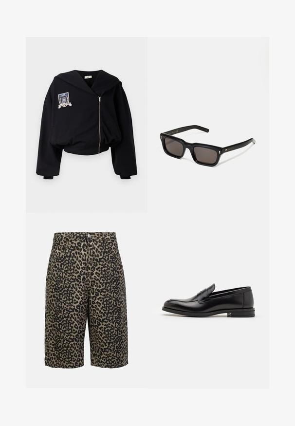 Schwarzer, gekürzter Hoodie mit großer Kapuze, Frontreißverschluss und einem gestickten Wappen mit "GmbH" und "Love & Justice." Weicher Stoff.; Weißes Baumwoll-Top mit rundem Ausschnitt und breiten Trägern, kombiniert mit hellbeigen Hosen mit einem Knopf und Falten.; Leopardenmuster-Jeansshorts in erdigen Tönen, mit Knopfverschluss, fünf Taschen und entspannter Passform.; Schwarze Lederloafers mit glatter Textur, rundem Zehenbereich und einem dekorativen Riemen über dem Vorderfuß. Niedriger, gestapelter Absatz, minimalistisches Design.; Schwarze rechteckige Sonnenbrille mit dunklen Gläsern, dickem Kunststoffrahmen, goldenen Akzenten an den Bügeln und eingraviertem Markenlogo am Arm.