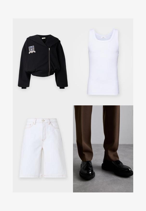 Sort cropped hoodie med en stor hætte, frontlynlås og et broderet våbenskjold med "GmbH" og "Love & Justice." Blød stofstruktur.; Hvid bomulds ærmeløs tanktop med rund halsudskæring, der har en glat tekstur og en tætsiddende pasform, designet til casual brug.; Hvide denim shorts med lige skæring, fem lommer og kontrastfarvet beige syninger. Inkluderer en frontknap og lynlåslukning.; Sorte lædersko med ribbede sorte såler, parret med brune, skræddersyede bukser lavet af et glat, struktureret stof.