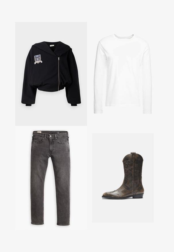 Hanorac scurt negru cu glugă mare, fermoar frontal și un emblema brodată care prezintă "GmbH" și "Dragoste & Justiție". Textura țesăturii este moale.; Tricou alb cu mânecă lungă, fabricat din bumbac moale. Gât rotund, cu margini drepte și fără modele sau grafice vizibile.; Jeanși gri din denim cu croi drept, design cu cinci buzunare și închidere cu buton. Au o ușoară decolorare și cusături tonale pe toată suprafața.; Botă de cowboy din piele maro cu un gât înalt, vârf ascuțit, modele complicate de cusături și un toc mic. Finisaj texturat pe întreaga suprafață.