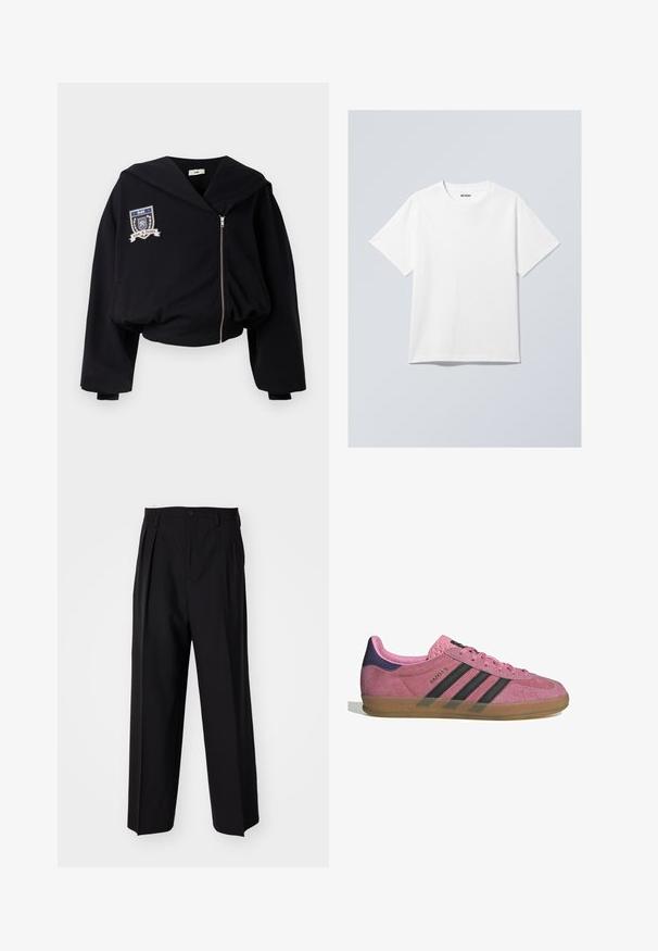 Černá zkrácená mikina s velkou kapucí, předním zipem a vyšívaným emblémem s nápisy "GmbH" a "Láska & Spravedlnost". Měkká textura látky.; Bílý bavlněný tričko s kulatým výstřihem, krátkými rukávy a volnějším střihem. Na výstřihu je štítek s nápisem "WEEKDAY".; Černé skládací kalhoty s rovnými, širokými nohavicemi. Vyrobené z hladké tkaniny, se zapínáním na knoflík a poutky na opasek.; Růžové semišové tenisky s černými pruhy, gumovou podrážkou a strukturovaným fialovým podpatkem. Disponují šněrovacím designem a embosovaným logem na boku.