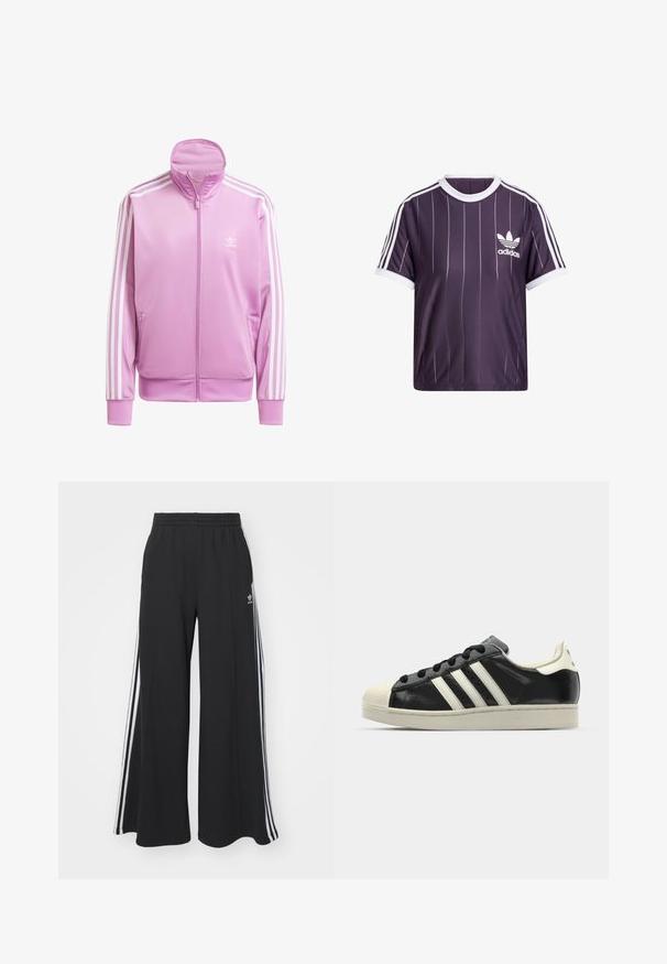 Lyserød lynlåsjakke med høj krave, hvide accentstriber ned ad ærmerne og et lille hvidt logo på brystet. Glat, letvægtsstof.; Lilla atletisk t-shirt med hvide lodrette striber, rund hvid krave og Adidas-logo i hvid på venstre bryst. Korte ærmer.; Sorte brede sweatpants med elastisk talje, med hvide sidelommer og et broderet logo på venstre lår.; Sort lædersneakers med hvide striber, gummitåkap, sorte snørebånd og en cremefarvet ydersål. Glat tekstur med blank overflade.