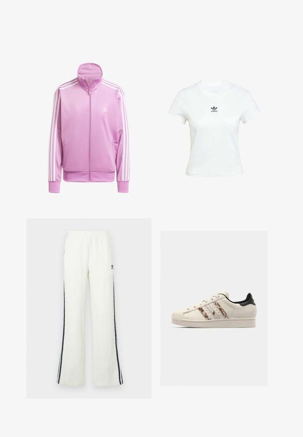 Pink zip-up jacket with high collar, white accent stripes down sleeves, and a small white logo on the chest. Smooth, lightweight fabric.; White cotton t-shirt with short sleeves and a crew neckline. Features a black Adidas logo printed on the chest. Simple, minimal design.; Light cream, cable-knit pants with a flared design. Features dark blue side stripes and an Adidas logo on the hip. Elastic waistband.; White leather sneaker with a textured, off-white rubber toe cap. Features three brown stripes and a black heel tab. Flat laces and logo detail.