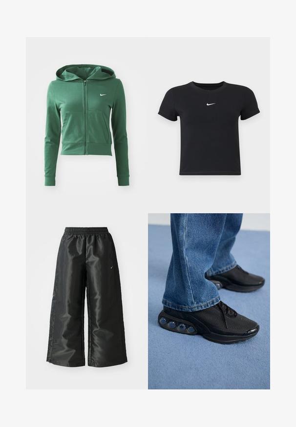Hanorac verde cu fermoar, fabricat dintr-un material moale. Dispune de glugă, buzunare frontale și un mic logo alb pe piept. Design scurt.; Tricou negru cu mânecă scurtă, din bumbac, cu decolteu rotund. Prezintă un logo alb Nike pe piept, design minimalist și croială ajustată.; Pantaloni sportivi negri dintr-un material lucios si neted, dotati cu o talie elastica, picioare late si un logo mic pe partea stanga.; Adidași sport negri cu parte superioară din plasă, accente texturate și capsule de amortizare vizibile în talpă. Purtați cu blugi albaștri.