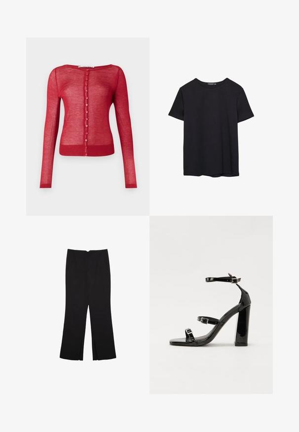 Cardigan rouge à manches longues en tissu transparent, avec un col rond, une fermeture à boutons sur le devant avec des boutons ronds et des poignets côtelés.; T-shirt en coton noir à manches courtes, col rond, présenté sur un fond blanc.; Pantalon noir avec une coupe droite, doté de poches avant et d'éclairs sur l'ourlet. Fabriqué en tissu doux et lisse. Convient à diverses occasions.; Sandales à talons vernies noires avec un bout carré, des sangles autour de la cheville et des boucles en argent. Dotées d'un talon bloc épais pour plus de stabilité.