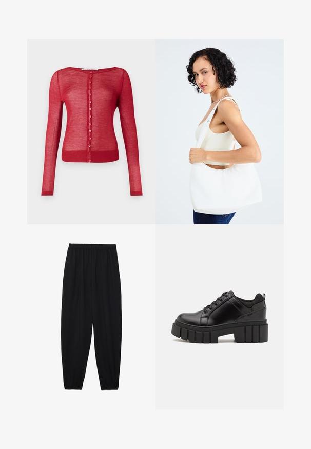 Cardigan vermelho de mangas longas feito de tecido transparente, com decote redondo, fecho frontal com botões redondos e punhos canelados.; T-shirts preto e branco, de decote redondo e mangas curtas. A camisa preta apresenta um bordado de sol amarelo; a branca tem um detalhe de lua crescente roxa.; Calças pretas, leves, com um cinto elástico e punhos franzidos. O tecido é suave e apresenta um design relaxado e afunilado.; Sapatos de plataforma em couro preto com um salto bloco robusto, bico redondo e design clássico de atacadores. Apresentam uma textura suave e detalhes mínimos.; Bolsa de ombro branca feita de material liso, apresentando um recorte oval e um design de alça larga. Simples e moderna, sem hardware visível.
