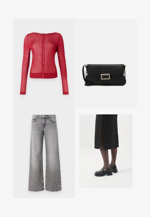 Cardigan rouge à manches longues en tissu transparent, avec un col rond, une fermeture à boutons sur le devant avec des boutons ronds et des poignets côtelés.; Débardeur blanc sans manches en tissu côtelé, doté d'un col rond et d'une silhouette ajustée, avec des coutures minimales et sans ornements.; Jean large en denim gris avec une finition délavée. Comprend des poches classiques et un bouton de fermeture à la taille.; Chaussures noires en cuir avec un bout arrondi, un épais talon bloc et des accents latéraux élastiques, associées à des bas foncés et une jupe noire avec une fente.; Pochette en cuir noir avec un rabat et un détail en boucle en métal doré. Inclut une sangle noire et un design épuré et minimaliste.; Boucles d'oreilles en argent en forme de créoles avec un design torsadé, dotées d'une finition polie et d'une fermeture à poussoir. Mesurent environ 3 cm de diamètre.