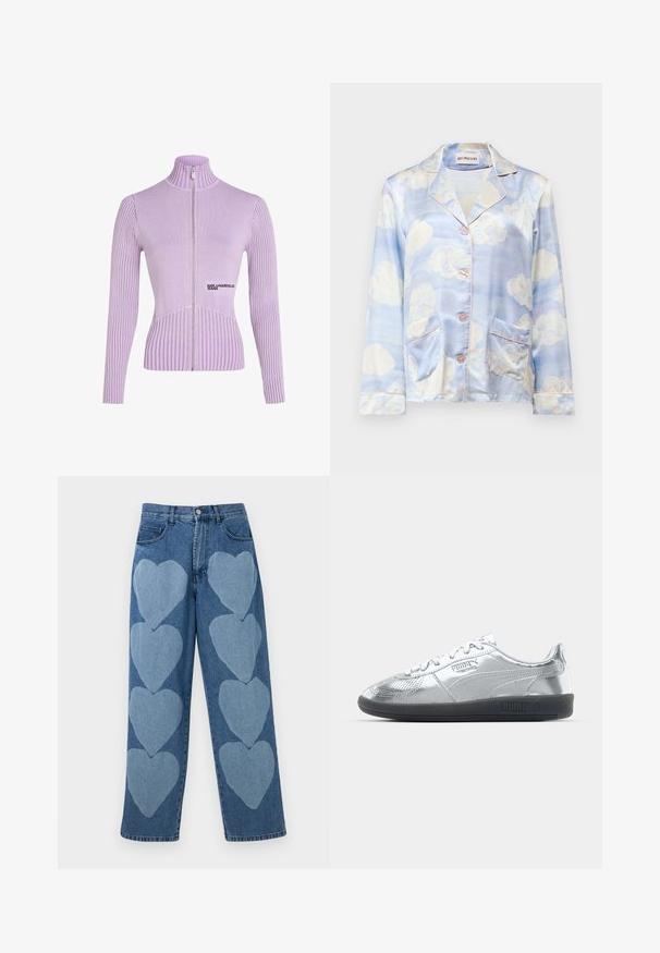 Pulover cu fermoar lavandă, cu textură ribbată, guler înalt și mâneci lungi. Are un logo pe față și o siluetă ajustată.; Cămașă de pijama din mătase, de culoare albastru deschis, cu modele de nori, având un guler cu decupaj, cinci nasturi și două buzunare frontale cu margini de culoare roz pal.; Jeans din denim cu o croială lejeră, având modele aplicate de inimioare albastre deschise pe față, cinci buzunare și închidere cu nasture.; Adidași argintii cu un superior neted și reflectorizant, având talpă din cauciuc negru și un design clasic cu șireturi. Logo-ul Puma pe lateral.