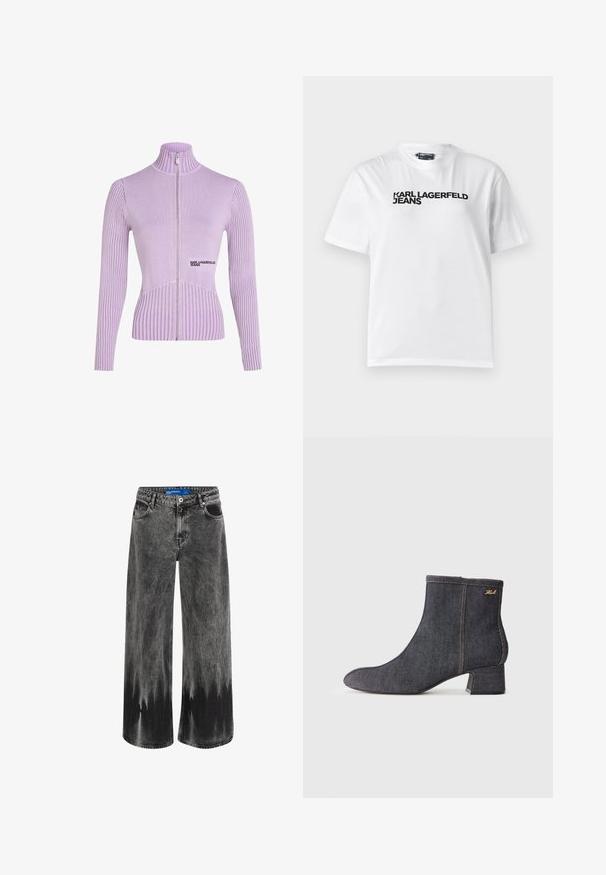 Lavendli tõmblukuga sviiter, millel on soonikuline tekstuur, kõrge krae ja pikad varrukad. Esiküljel on logo ja see on vooderdatud siluett.; Valge puuvillane t-särk ümarate kaelustega, lühikeste varrukatega ja musta tekstiga, mis ütleb "KARL LAGERFELD JEANS", mis on prinditud rinna piirkonnas.; Laiene jalad, fookuses tuhm must denimm, millel on dip-dye efekt, terasest detailid ja klassikaline viie tasku disain koos standaardse vöökohaga.; Tume teksasist sääreking, millel on terav nina, plokk-kand, nähtav õmblus ja peene brändi logo küljel. Ühtlane tekstuur.