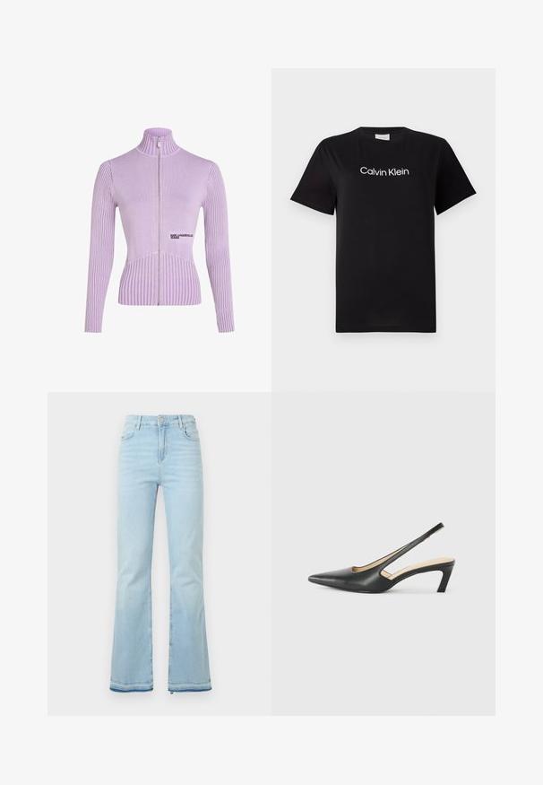 Lavendli tõmblukuga sviiter, millel on soonikuline tekstuur, kõrge krae ja pikad varrukad. Esiküljel on logo ja see on vooderdatud siluett.; Must musta T-särk lühikeste varrukatega, millel on rinnal valge logo "Calvin Klein". Klassikaline ümmargune kaelus.; Heledad helesinised teksad, mis on valmistatud denimist, kõrge vöökohaga, esikottidega ning toore äärtega sääreosas, et luua lõdvestunud välimus.; Must mustaga, terav varvas, madala kontsaga sildiga king, mis on valmistatud siledast nahast ja mille küljel on lõike disain hingavuse tagamiseks.