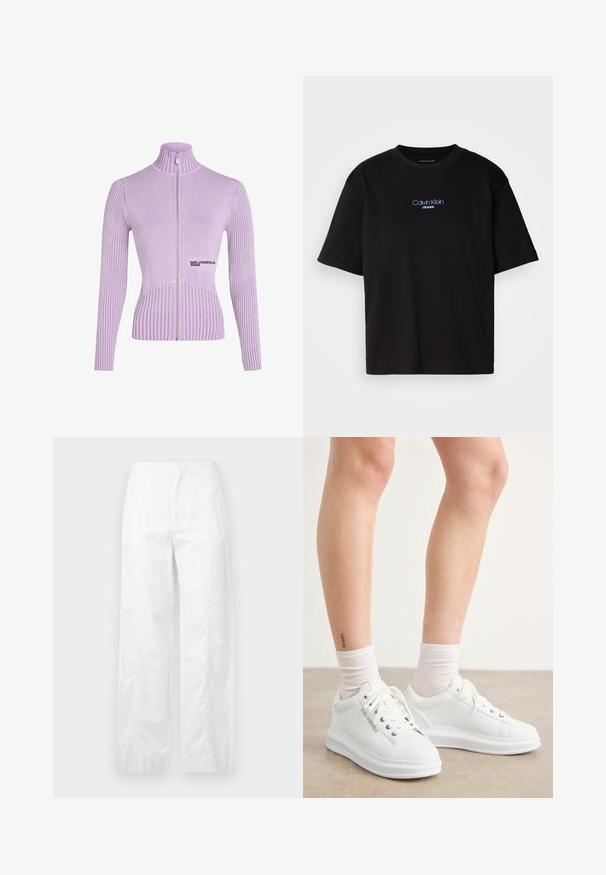 Lavender zip-up sweater with a ribbed texture, high collar, and long sleeves. Features a logo on the front and a fitted silhouette.; Black cotton t-shirt with a round neck, short sleeves, and blue embroidered "Calvin Klein JEANS" logo on the front.; White wide-leg trousers made of lightweight fabric, featuring a smooth texture, clean lines, and a high waist design.; White leather sneakers with a smooth texture, round toe, and flat rubber sole. Laces are visible, and sock cuffs are white.