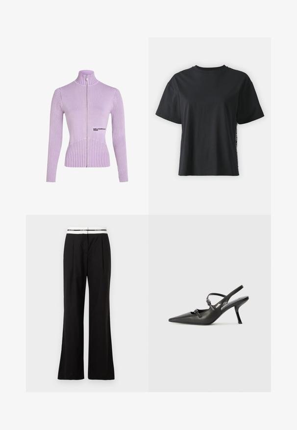 Fioletowy sweter zapinany na zamek z prążkowaną fakturą, wysokim kołnierzem i długimi rękawami. Posiada logo z przodu oraz dopasowany krój.; Czarna bawełniana koszulka z krótkim rękawem o luźnym kroju, z kontrastującym bocznym panelem, zawierającym mały tekst i detale wzornicze.; Czarne spodnie o luźnym kroju, z białym elastycznym paskiem w talii z brandingiem. Wykonane z gładkiego materiału o delikatnym połysku.; Czarne skórzane sandały na obcasie typu slingback z wydłużonym noskiem, smukłym obcasem i ozdobnym zapięciem na cholewce. Gładka tekstura i elegancka forma.