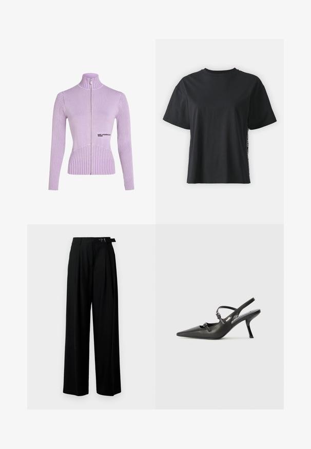 Lavandas krāsas zip-up džemperis ar ribotu tekstūru, augstu apkakli un garām piedurknēm. Priekšpusē ir emblēma un piegriezums, kas akcentē figūru.; Melna īsām piedurknēm kokvilnas t-kreklu ar brīvu piegriezumu un kontrastējošu sānu paneli, kas satur nelielu tekstu un dizaina detaļas.; Melni plaši bikses ar augsto jostasvītru, priekšā ar krokojiem un jostu ar sprādzi. Izgatavotas no gludas, vieglas auduma.; Melnas ādas slingback papēži ar norādītu purngalu, izsmalcinātu papēdi un dekoratīvu sprādzi uz priekšpuses. Gluda tekstūra un elegants dizains.