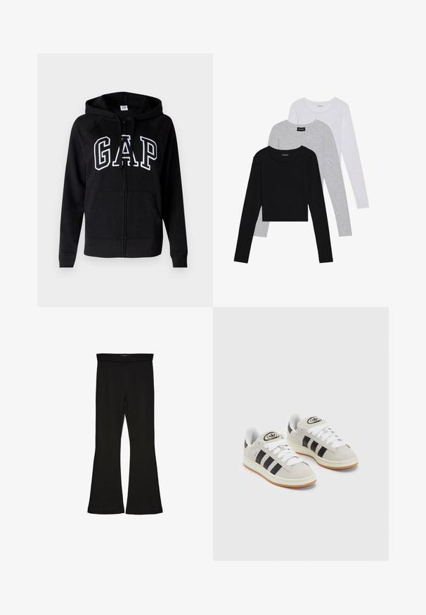 GAP HERITAGE - Sweat zippé - true black; Trois hauts à manches longues empilés : noir, gris et blanc. Chacun a un col rond et un design court avec un tissu lisse et léger.; Leggings évasés noirs en tissu extensible. Présentent une taille large et une texture lisse, avec une coupe ajustée qui s'évasent au bas.; Baskets en suède gris avec des lacets blancs, des rayures noires et une semelle en caoutchouc blanc. Présentent un logo circulaire sur la languette et une semelle en gomme.