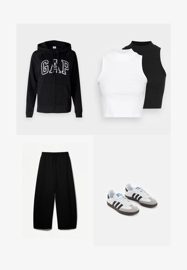 GAP HERITAGE - Športna jopa s kapuco na zadrgo - true black; Dva brezrokavniki z rebrasto turtleneck gorami v črni in beli barvi, z oblikovanim dizajnom in gladko teksturo, v skrajšani dolžini.; Črne široke hlače z elastičnim pasom in vrvico. Mehak material z gladko teksturo. Ravno krojene z bočnimi šivi.; Športni čevlji z belim usnjenim zgornjim delom, sivim semišem na prstih in tremi črnimi črtami. Imajo modro logo na jeziku in teksturiran gumijast podplat.