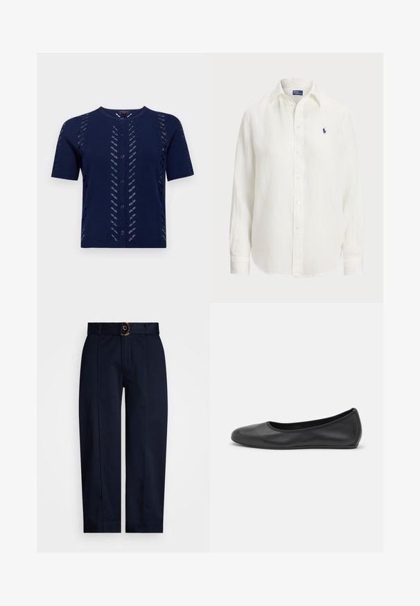 Navy knitted cardigan with short sleeves, featuring cut-out patterns and button front closure. Soft, textured fabric with a fitted silhouette.; White linen shirt with long sleeves, button-down collar, and front buttons. Features a small blue embroidered logo on the chest.; Navy trousers with a woven waistband and a gold ring buckle, featuring a straight-leg cut and pressed creases along the front.; Black leather ballet flat with a rounded toe, smooth texture, minimal stitching detail, and a flexible sole design.