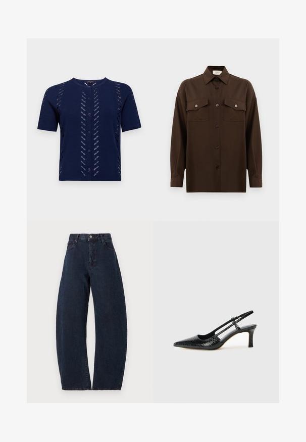 Mornarsko pleteno jopico s kratkimi rokavi, ki ima izrezljane vzorce in sprednje zapiranje na gumbe. Mehka, teksturirana tkanina z oblikovanim silhueto.; Temno rjav srajca z dolgimi rokavi na gumbe, z dvema žepoma na prsih in klasičnim ovratnikom, prikazana na enotni beli podlagi.; Visoko pasovi, široke hlače iz temno modrega denima. Imajo gumbasto zapiranje, pet žepov in subtilno teksturo. Brez vidnih vzorcev ali dodatkov.; Črne lakaste slingback pete s koničastim nosom, ki imajo teksturiran vzorec kačje kože, nastavljiv trak in kratek teksturiran blok peto.